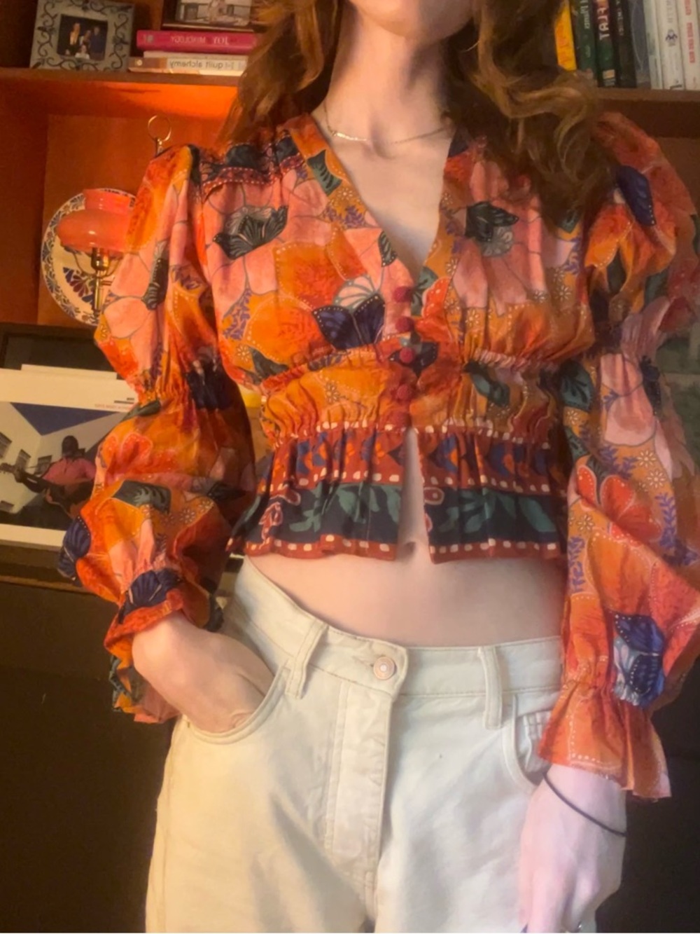 Farm Rio Marias Orange Puff Sleeve Cropped Blouse - NWT